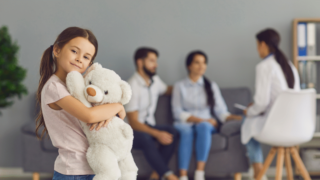 Happy child smiling outdoors showing good mental health