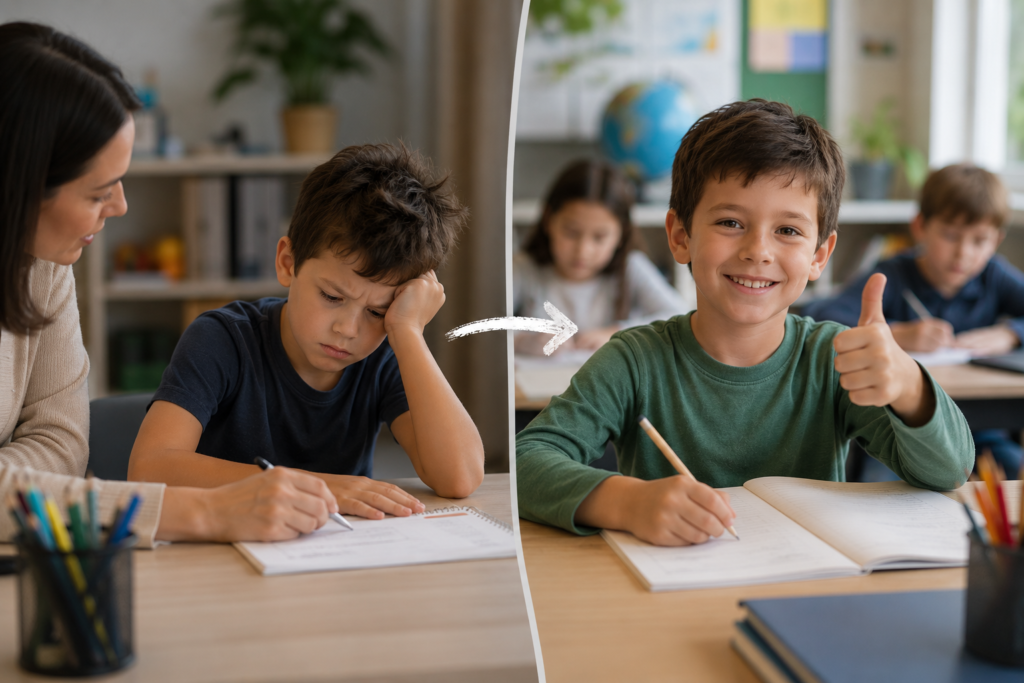 Child receiving support and showing improved confidence and focus.