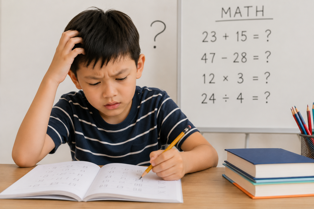 Child struggling to understand maths concepts during a classroom activity.