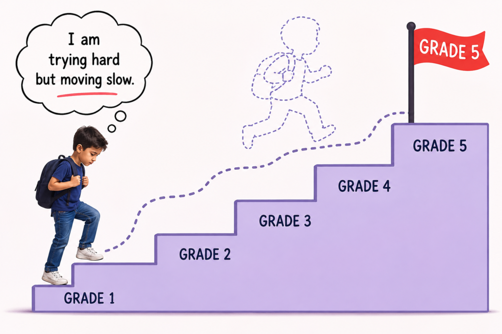 Child making slow academic progress despite consistent effort and perseverance.
