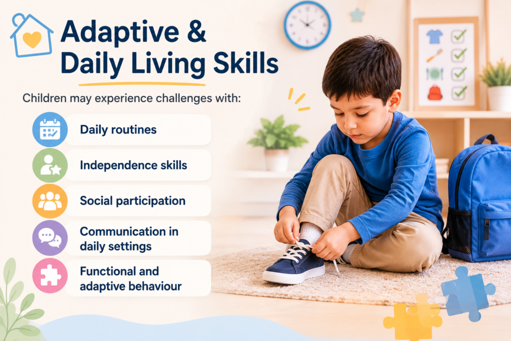 Child practising daily living skills and routines with support at home.