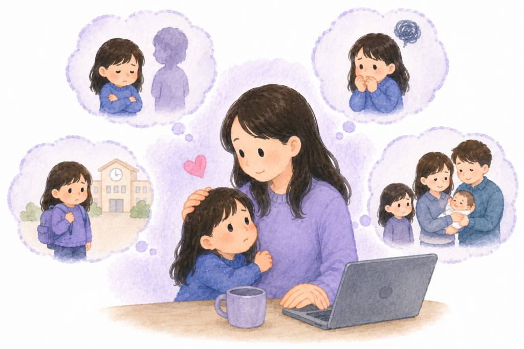 illustration of a child seeking comfort and reassurance from a parent while experiencing emotional stress, insecurity, and changes at home or school