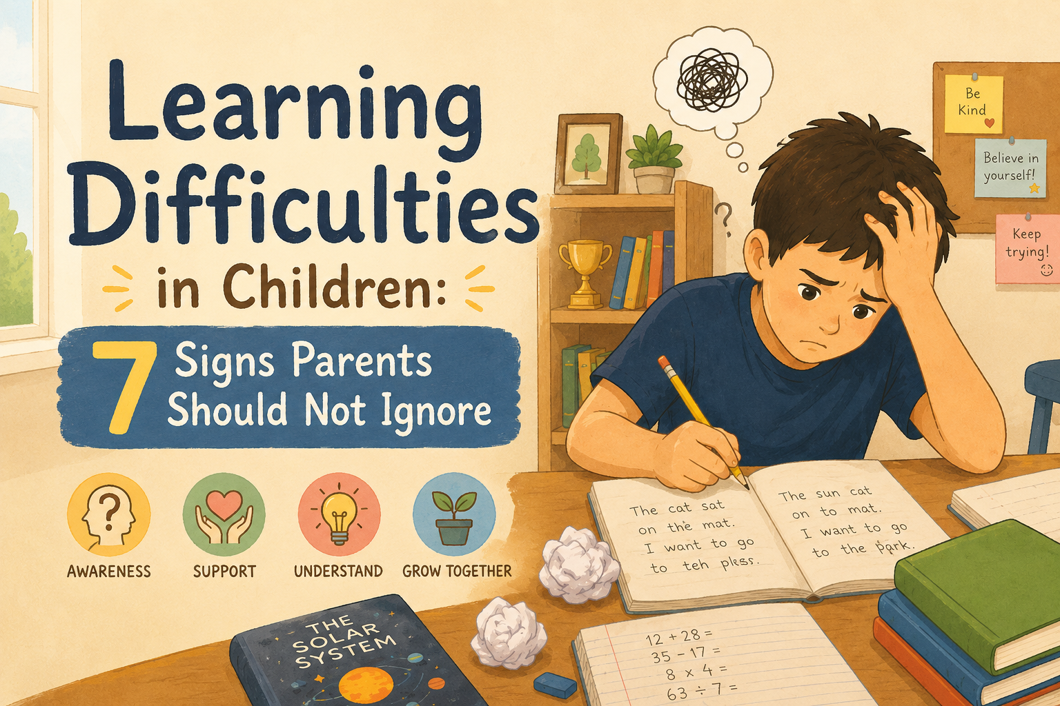 Illustrated cover image of a child struggling with schoolwork and learning difficulties while sitting at a study desk, designed in a warm hand-drawn educational style for a parenting article about signs of learning difficulties in children.