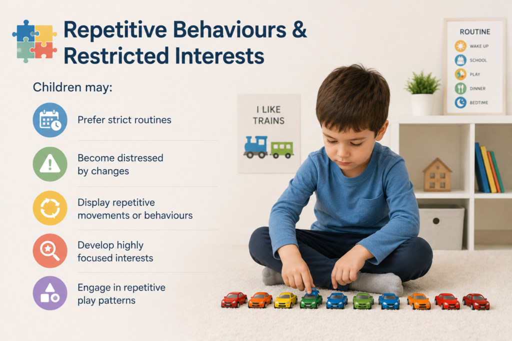 Child engaging in repetitive play by lining up toy cars in an organised pattern.
