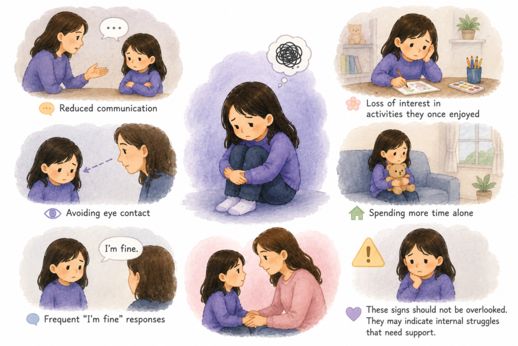 illustration showing signs of emotional withdrawal in a child, including reduced communication, avoiding eye contact, isolation, and loss of interest in activities