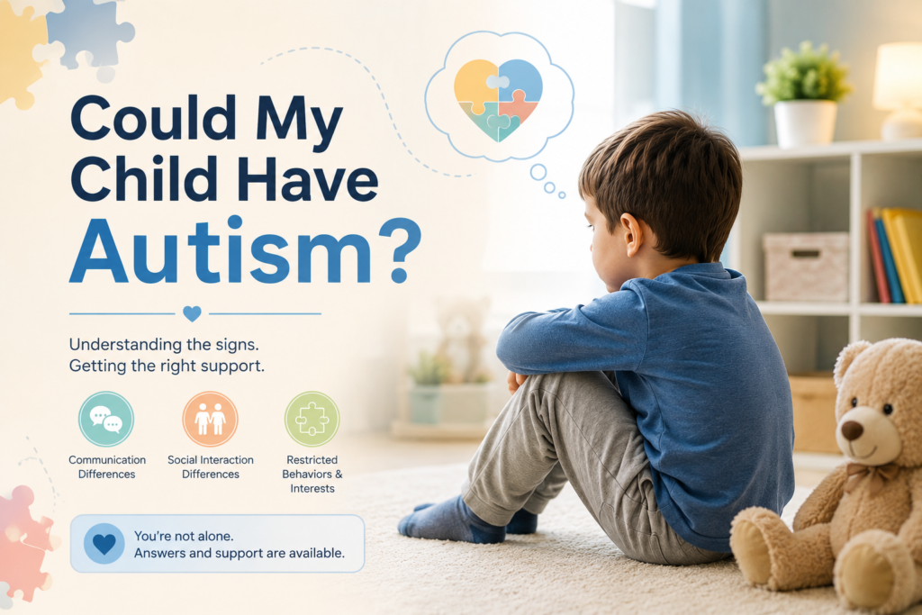 Poster about autism awareness showing a child sitting quietly beside a teddy bear, with signs of autism and supportive information for parents.