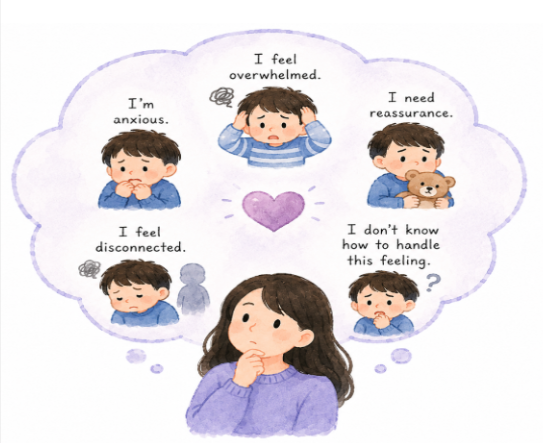 Illustration showing children expressing emotions such as anxiety, overwhelm, disconnection, and emotional needs through behaviour